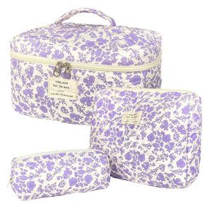 Purple Large Quilted Floral Makeup Bag Set Of 3 Cute Coquette Aesthetic😎